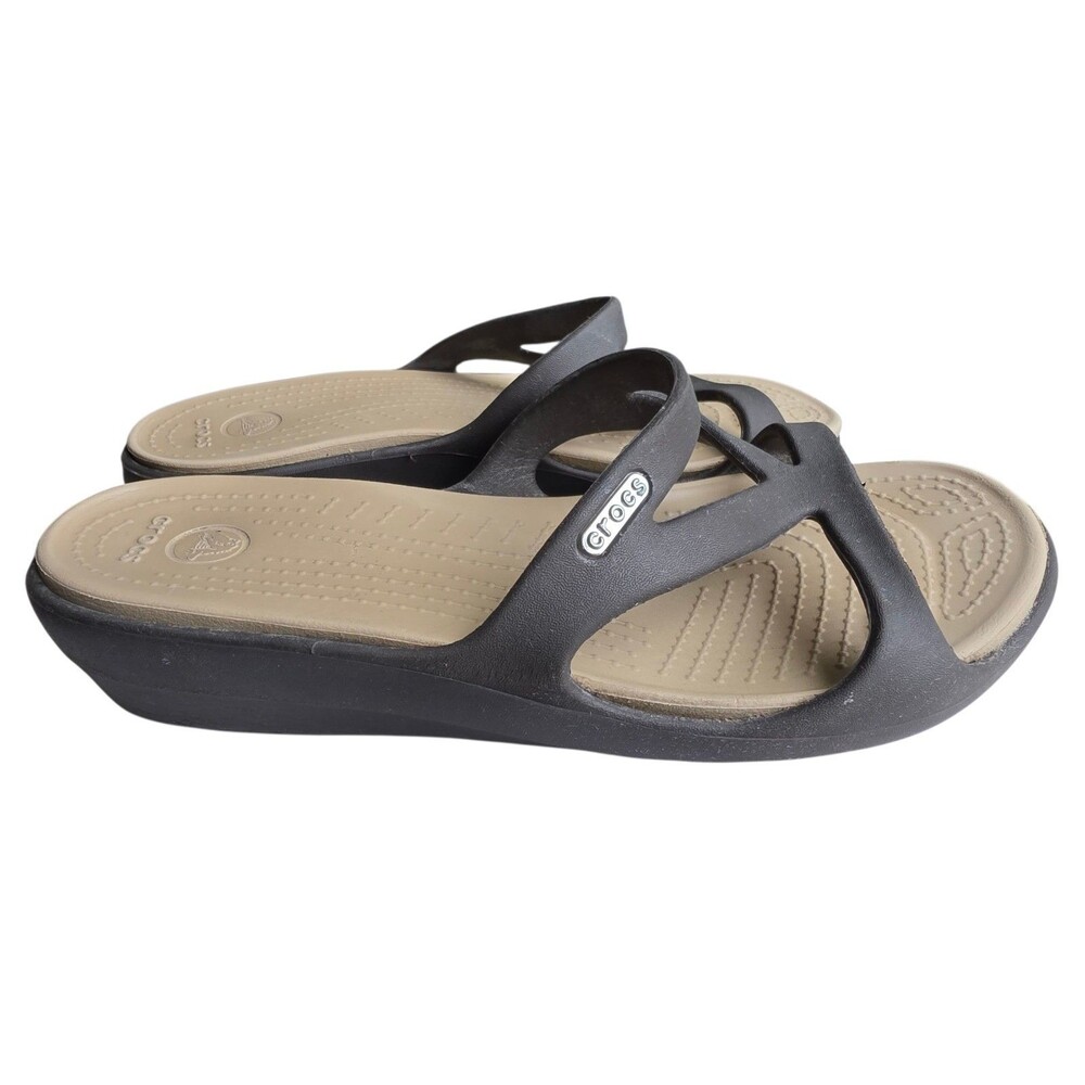 Crocs Meleen Twist Womens Sz 6 Brown Tan Cross Strap Wedge Comfort Slide Sandals